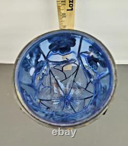 Beautiful Large Blue Caged Glass Vase with Metal Pedestal and flowers 12 in. Tal