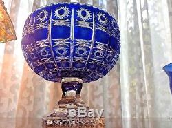 Beautiful Large Bohemian Cobalt Blue Cut to Clear Footed Crystal Bowl Czech vase