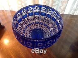 Beautiful Large Bohemian Cobalt Blue Cut to Clear Footed Crystal Bowl Czech vase
