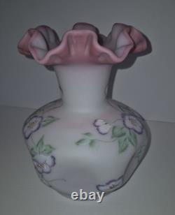 Beautiful Large Fenton Hand Painted Blue Burmese Art Glass Vase 1605