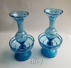 Beautiful PAIR Trumpet Epergnes w enamel. Celestial BLUE Harrach/Bohemian/Moser