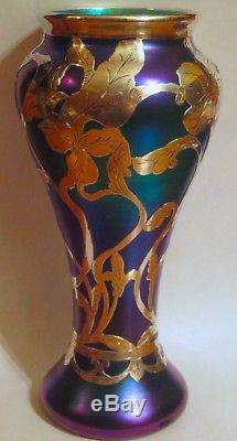 Beautiful Quality Tall Sterling Overlay Blue Iridescent Art Glass Vase