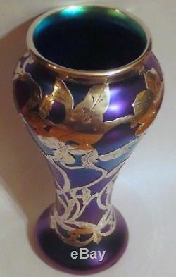 Beautiful Quality Tall Sterling Overlay Blue Iridescent Art Glass Vase