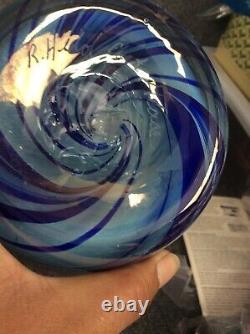 Beautiful Robert Held Canada pulled blue art glass vase 13
