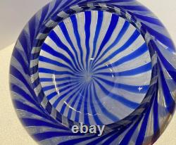 Beautiful Round Blue and White Striped Filigree Zanfirico Murano Glass Vase (C)