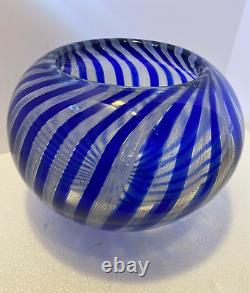 Beautiful Round Blue and White Striped Filigree Zanfirico Murano Glass Vase (C)