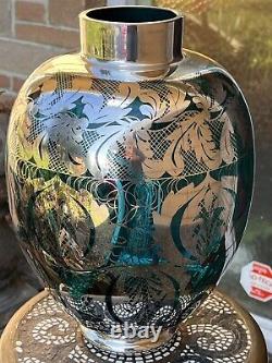 Beautiful Vintage Teal Blue glass Italian Venetian Vase with Silver Overlay- 14