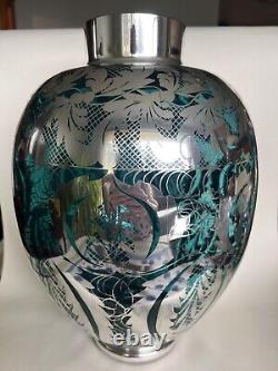 Beautiful Vintage Teal Blue glass Italian Venetian Vase with Silver Overlay- 14