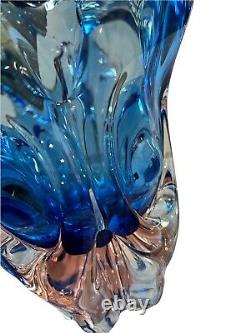 Beautiful XL Murano Italy Sommerso Pink Blue Heavy Glass Vase? 9x10 Ruffle