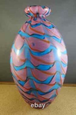 Big Heavy 11.5X6.5 MURANO Blown Blue Pink Swirl Art Glass Vase New Stable RARE