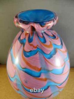 Big Heavy 11.5X6.5 MURANO Blown Blue Pink Swirl Art Glass Vase New Stable RARE