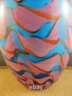 Big Heavy 11.5X6.5 MURANO Blown Blue Pink Swirl Art Glass Vase New Stable RARE