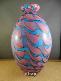 Big Heavy 11.5X6.5 MURANO Blown Blue Pink Swirl Art Glass Vase New Stable RARE