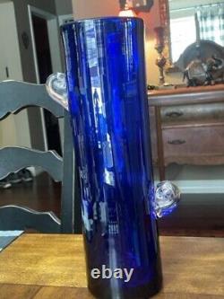 Blenko 13.75x4.25 Handblown Cobalt Blue Glass Cylinder Vase with Applied Clear