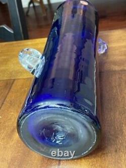Blenko 13.75x4.25 Handblown Cobalt Blue Glass Cylinder Vase with Applied Clear