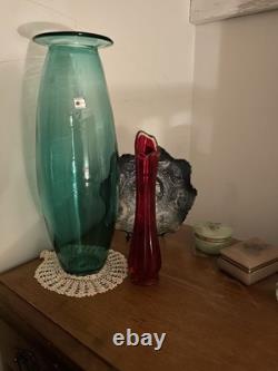 Blenko 17 Teal Architectural Glass Vase Hand Blown 1990s Art Glass With Sticker
