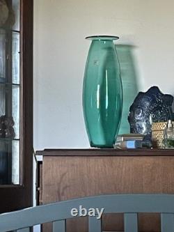 Blenko 17 Teal Architectural Glass Vase Hand Blown 1990s Art Glass With Sticker