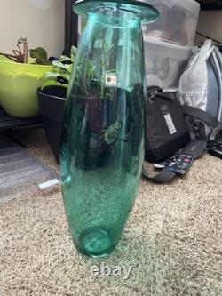 Blenko 17 Teal Architectural Glass Vase Hand Blown 1990s Art Glass With Sticker