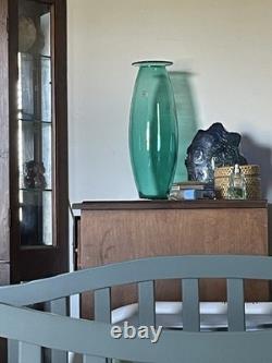 Blenko 17 Teal Architectural Glass Vase Hand Blown 1990s Art Glass With Sticker
