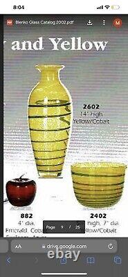 Blenko 2602 14 Vase Yellow with Blue Swirl With Sticker