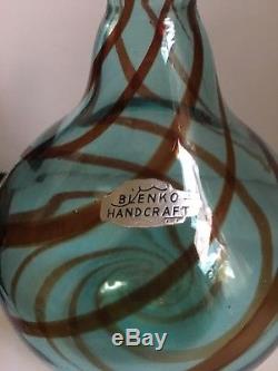 Blenko 6 in. Blue Swirl Balloon Line Vase Paper Label Vintage
