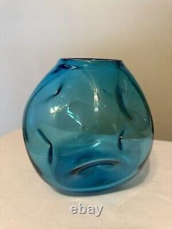 Blenko 949 Aquarium Vase Blue 7.5Dimpled Winslow Anderson MCM Art Glass 1950s