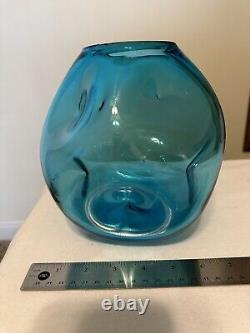 Blenko 949 Aquarium Vase Blue 7.5Dimpled Winslow Anderson MCM Art Glass 1950s