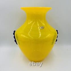 Blenko Blown Art Glass 10.5 Vase Yellow with Cobalt Blue Applied Handles 9953