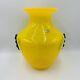 Blenko Blown Art Glass 10.5 Vase Yellow with Cobalt Blue Applied Handles 9953