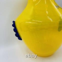 Blenko Blown Art Glass 10.5 Vase Yellow with Cobalt Blue Applied Handles 9953