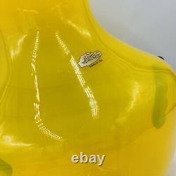 Blenko Blown Art Glass 10.5 Vase Yellow with Cobalt Blue Applied Handles 9953