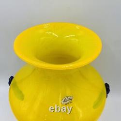 Blenko Blown Art Glass 10.5 Vase Yellow with Cobalt Blue Applied Handles 9953