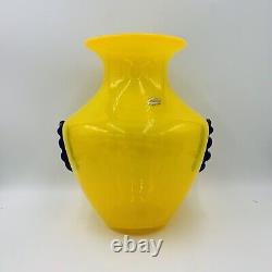 Blenko Blown Art Glass 10.5 Vase Yellow with Cobalt Blue Applied Handles 9953