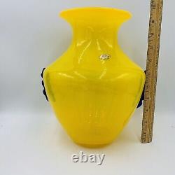 Blenko Blown Art Glass 10.5 Vase Yellow with Cobalt Blue Applied Handles 9953