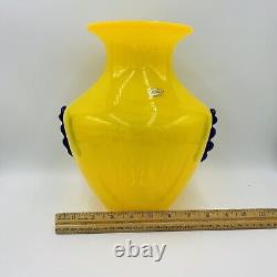 Blenko Blown Art Glass 10.5 Vase Yellow with Cobalt Blue Applied Handles 9953