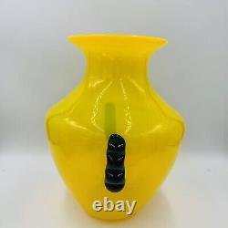 Blenko Blown Art Glass 10.5 Vase Yellow with Cobalt Blue Applied Handles 9953