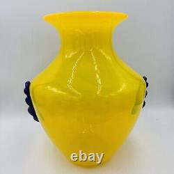 Blenko Blown Art Glass 10.5 Vase Yellow with Cobalt Blue Applied Handles 9953