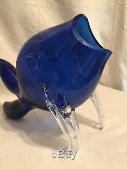Blenko Crackle Glass Fish Blue White Handcrafted Vintage Collectible