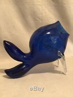 Blenko Crackle Glass Fish Blue White Handcrafted Vintage Collectible