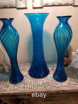 Blenko Floor Vase #6928 Twisted Optic Turquoise 1969 Joel Myers 20 Blue HUGE