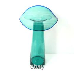 Blenko Glass 6418 Tall Ripple Vase Mint Green Cobalt Blue Rim Made Only in 2022