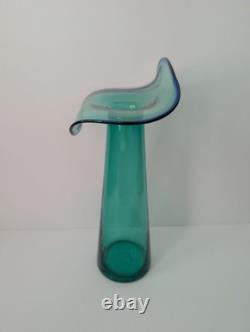 Blenko Glass 6418 Tall Ripple Vase Mint Green Cobalt Blue Rim Made Only in 2022