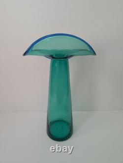 Blenko Glass 6418 Tall Ripple Vase Mint Green Cobalt Blue Rim Made Only in 2022