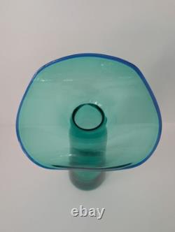Blenko Glass 6418 Tall Ripple Vase Mint Green Cobalt Blue Rim Made Only in 2022