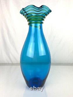 Blenko Glass 6834 Floor Vase in Turquoise with Applied Olive Coil