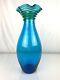 Blenko Glass 6834 Floor Vase in Turquoise with Applied Olive Coil