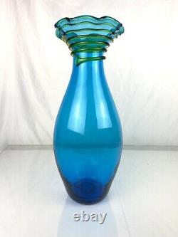 Blenko Glass 6834 Floor Vase in Turquoise with Applied Olive Coil