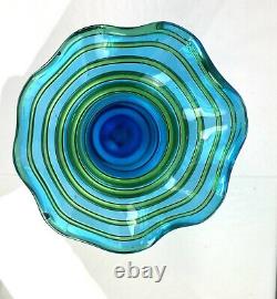 Blenko Glass 6834 Floor Vase in Turquoise with Applied Olive Coil