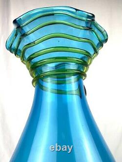 Blenko Glass 6834 Floor Vase in Turquoise with Applied Olive Coil