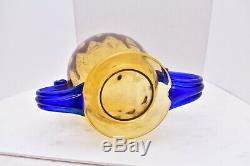 Blenko Glass Cobalt 2 Handled Vase Yellow Cobalt Blue 9.25 MID Century MODERN